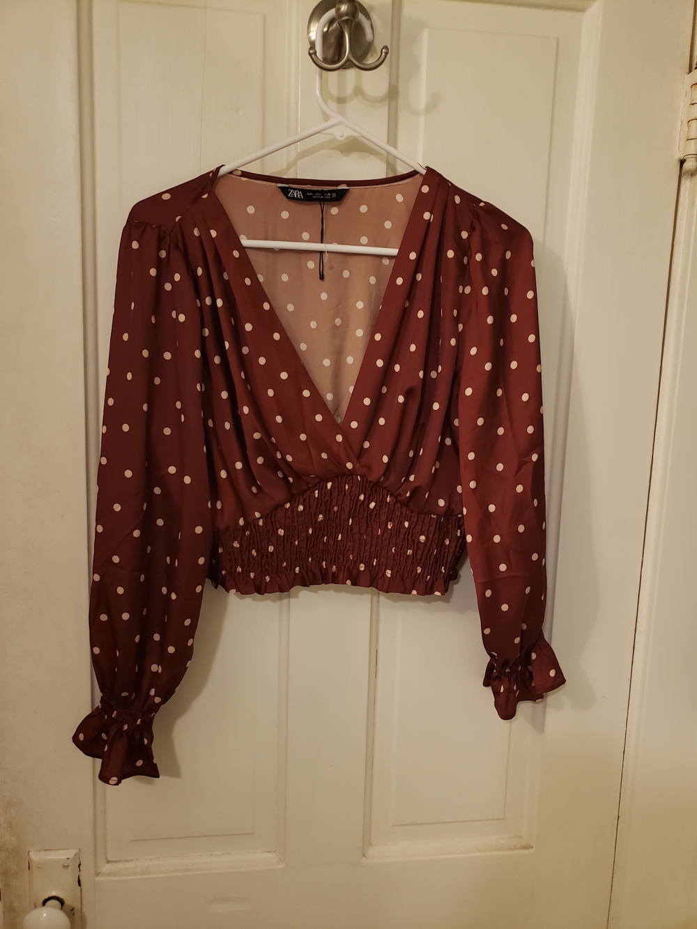Zara Burgundy Mocha Polka Dot V-Neck Long Sleeve Blouse